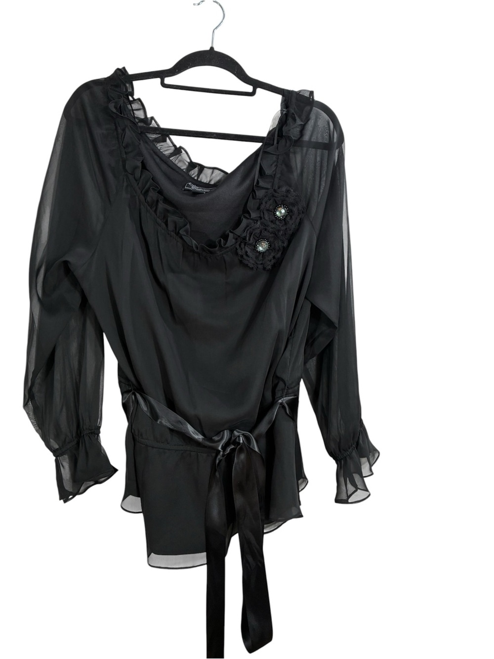 Vintage Dressbarn Black Sheer Ruffle Blouse Jewel Accents and Satin Tie